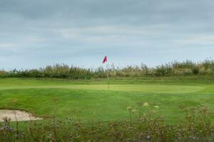 rood golf vlag in een golf Cursus foto