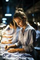 deskundige naaister navigeren kledingstuk bijeenkomst in de hart van een textiel fabriek foto