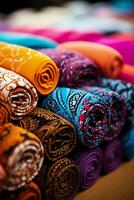 dichtbij omhoog van kleurrijk stoffen presentatie van ingewikkeld patronen van een textiel fabriek foto