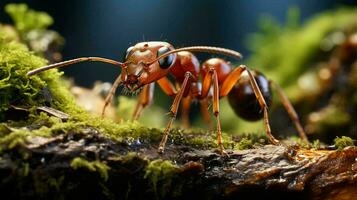 een klein rood mier kruipt Aan groen gras, dichtbij visie van de insect foto