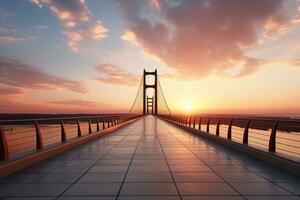 hedendaags suspensie brug Bij zonsondergang minimalistische stijl achtergrond met leeg ruimte voor tekst foto