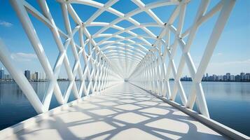 meetkundig eenvoud ingelijst binnen de schoon lijnen van modern brug architectuur foto