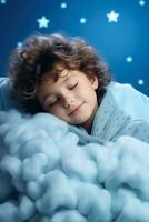 een kind vredig slapen Aan een wolk bed geïsoleerd Aan een zacht blauw helling achtergrond foto