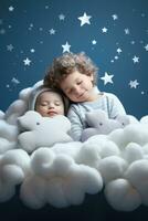 baby's dutten Aan pluizig wolk bedden in een magisch aura achtergrond met leeg ruimte voor tekst foto