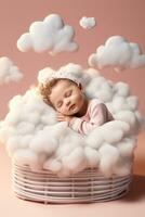 een baby rustig dutten Aan een grillig wolk bed geïsoleerd Aan een pastel helling achtergrond foto