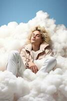 surrealistische artiest houdende Aan een pluizig wolk geïsoleerd Aan een wit achtergrond foto