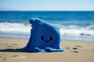 blauw handdoek zomer strand zand. genereren ai foto