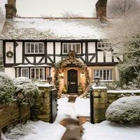 mooi land huisje versierd voor Kerstmis Aan een besneeuwd winter dag, vakantie en viering, generatief ai foto