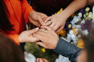 de bruid en bruidegom houden teder de handen vast tussen hen liefde en relaties