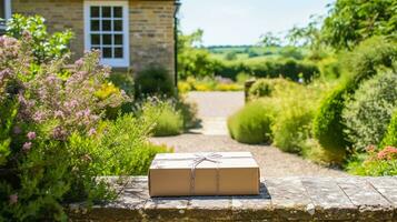 post- onderhoud, huis levering en online winkelen, pakket doos Aan een huis drempel in de platteland, generatief ai foto