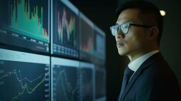 generatief ai. Aziatisch zakenman analyseren investering portefeuille Aan computer scherm met meerdere grafieken foto