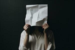 vrouw schuilplaats haar gezicht achter papier zak Aan zwart achtergrond, dichtbij omhoog, anoniem vrouw aan het bedekken gezicht met papier, ai gegenereerd foto