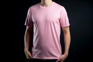 generatief ai. roze t-shirt mockup Aan mannetje model- foto