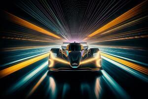 generatief ai. futuristische racing auto laaiend door neon-verlicht tunnel foto