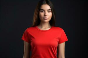 generatief ai. rood t-shirt mockup Aan vrouw model- foto