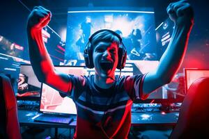 generatief ai. gaming heerlijkheid professioneel esports gamer viert in rood blauw verlichte spel kamer foto