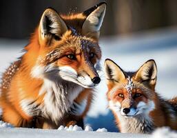 portret van vos en vos welp in de sneeuw foto