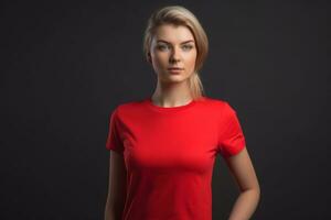 generatief ai. rood t-shirt mockup Aan vrouw model- foto