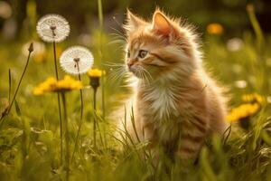 een rood kat Aan de gras. generatief ai technologie. foto