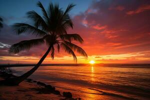 mooi helder zonsondergang Aan een tropisch paradijs strand. generatief ai. foto