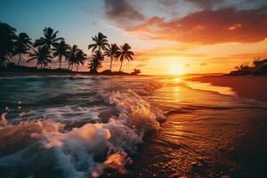 mooi helder zonsondergang Aan een tropisch paradijs strand. generatief ai. foto