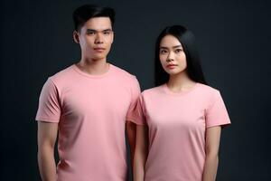 generatief ai. blanco roze t-shirt mockup Aan mannetje en vrouw model- vitrine uw ontwerpen in stijl foto