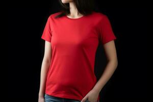 generatief ai. rood t-shirt mockup Aan vrouw model- foto