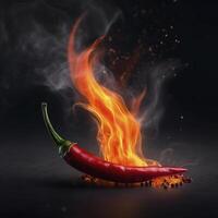 pittig Chili paprika's dat pak een ponsen. de brandend gevoel van pittig voedsel en specerijen is gesymboliseerd door een vers rood Chili peper in vlammen. ai gegenereerd. foto