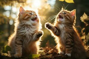 2 katten vechten elk andere poot springen buitenshuis omgeving. generatief ai. foto