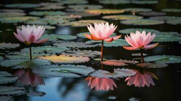 schoonheid bloesem lotus bloem in vijver en reflectie Aan oppervlak. generatief ai. foto