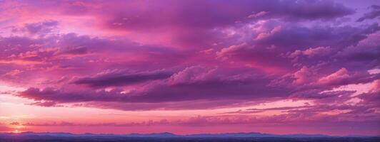 panoramisch visie van een roze en Purper lucht Bij zonsondergang. lucht panorama achtergrond.. ai gegenereerd foto