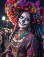 mooi vrouw met geschilderd schedel Aan haar gezicht voor Mexico dag van de dood, ai generatief foto