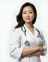 ai generatief, grijnzend vrouw dokter portret. gezondheidszorg medisch en geneeskunde concept. foto