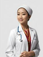 ai generatief, grijnzend vrouw dokter portret. gezondheidszorg medisch en geneeskunde concept. foto