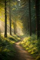 weg in donker Woud, zonlicht, weelderig groen en gras. ai gegenereerd foto