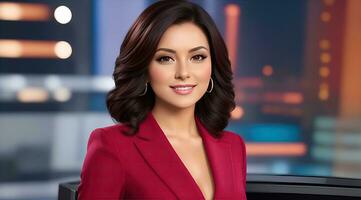 een foto van een TV nieuws vrouw presentator Aan een populair kanaal. leven stroom uitzending Aan televisie. ai generatief