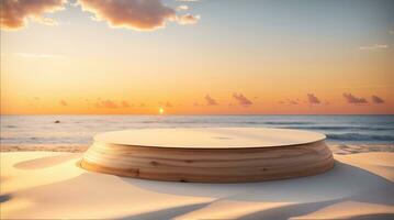 ai generatief, leeg afgeronde houten podium Product Scherm Aan wit zand strand over- de oceaan foto