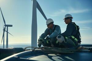 bouw arbeiders staand in voorkant van wind turbines foto