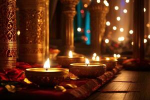 gelukkig diwali Indisch festival van kaars lampen achtergrond gemaakt door generatief ai foto