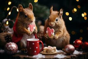 rood eekhoorns zijn zittend Aan de nieuw jaar boom, Holding klein versierd cadeaus in hun poten foto