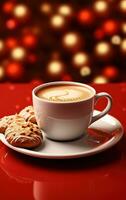 Kerstmis illustratie met koffie en koekjes Aan rood tafel foto