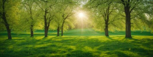 voorjaar natuur. mooi landschap. groen gras en bomen. ai gegenereerd foto