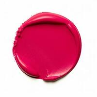 schoonheid swatch en kunstmatig textuur, cirkel ronde rood lippenstift monster geïsoleerd Aan wit achtergrond, paraffine was- afdichting stempel, generatief ai foto