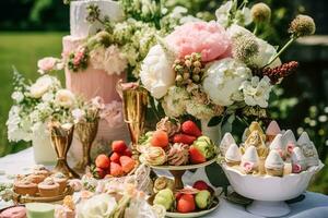 ijs room desserts buffet tafel, evenement voedsel catering voor bruiloft, partij en vakantie viering, ijs crèmes en bloemen decor in een bloemen platteland tuin, generatief ai foto