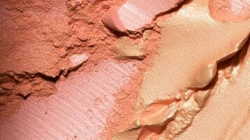 schoonheid Product structuur en verpletterd cosmetica, roze goud bedenken flikkering, blozen oogschaduw poeder net zo abstract luxe kunstmatig achtergrond, generatief ai foto