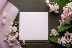blanco papier en bloemen Aan land rustiek houten tafel achtergrond voor afdrukbare kunst, papier, schrijfbehoeften en groet kaart mockup foto