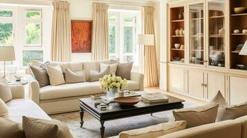 interieur ontwerp, huis decor, zittend kamer en leven kamer, wit sofa en meubilair in Engels land huis en elegant huisje stijl foto