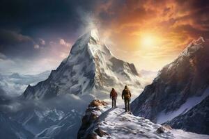 twee klimmers beklimmen de top van een sneeuw gedekt berg. generatief ai foto
