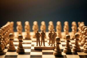 bedrijf team en schaak stukken Aan schaakbord. generatief ai foto