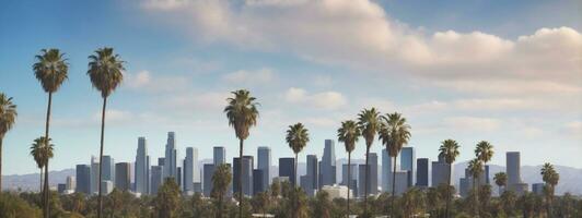 los angeles horizon met palm bomen in de voorgrond. ai gegenereerd foto